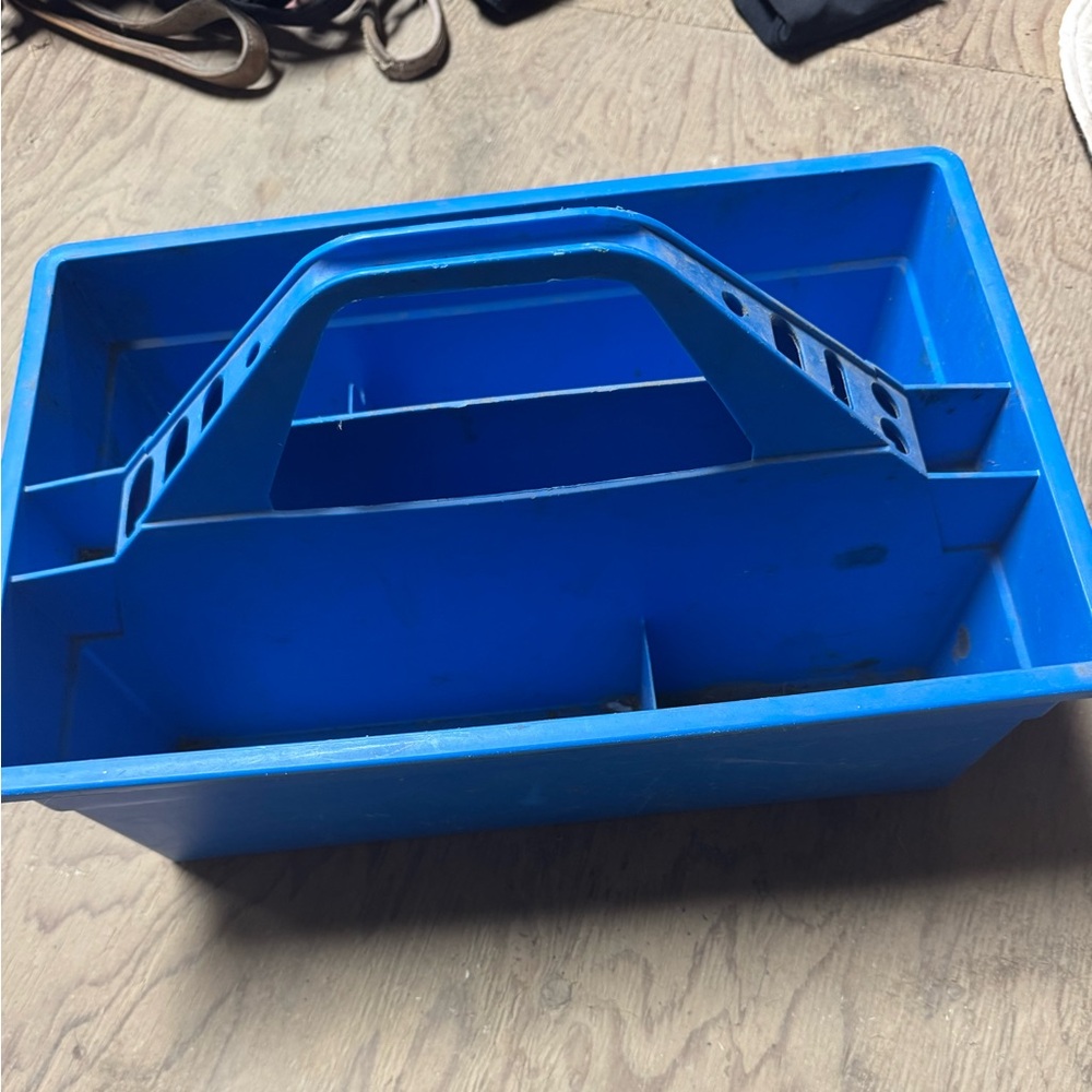 Blue plastic grooming caddy tote equestrian